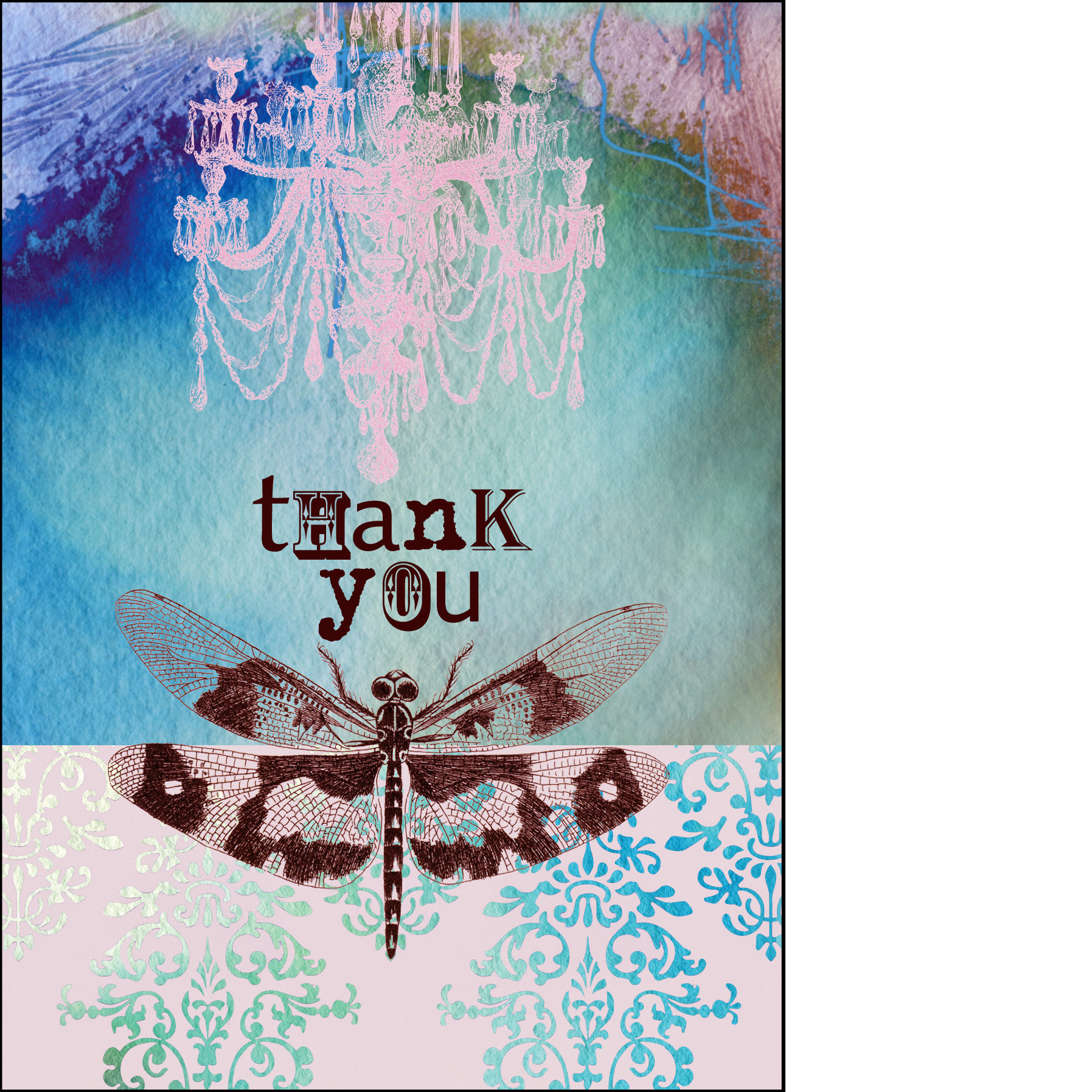 Gabriela Szulman collage greeting card "thank you" chandelier & dragonfly turquoise pink