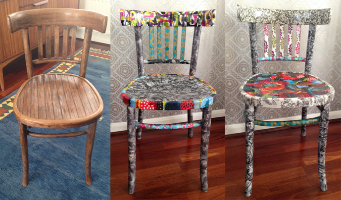colourful decoupage collage chairs by Gabriela Szulman