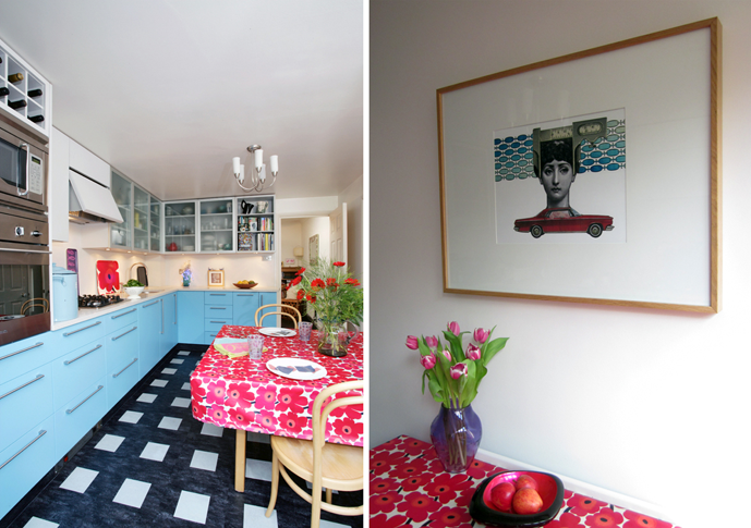 view of Gabriela Szulman's kitchen with her print "The driving lesson" on the wall