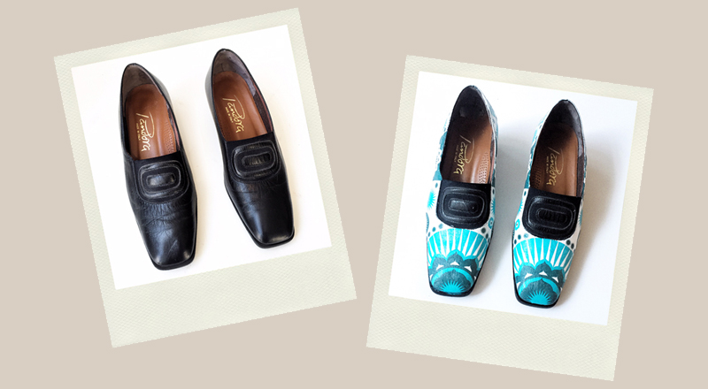 black winter shoes upcycled with decoupage turquoise geometric motif