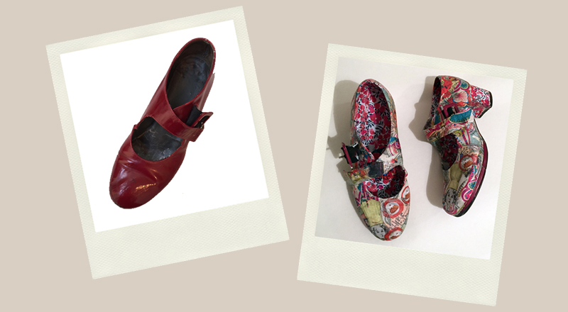red shoes upcycled with decoupage modern colourful floral motifs