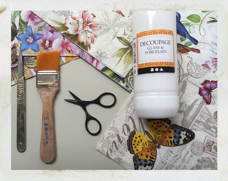 decoupage papers, tools, glue for upcycled glass and porcelain