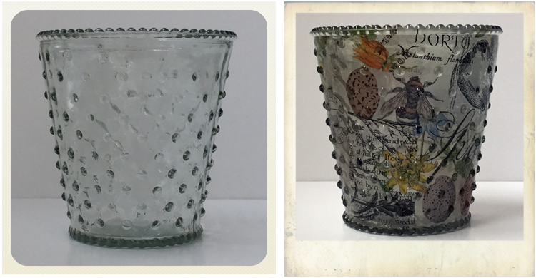 glass vase from pound shop before and after decoupage