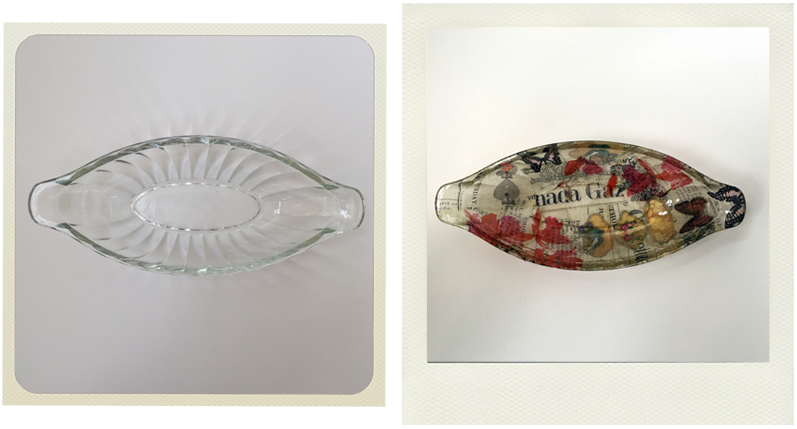 upcycled glass dish from pound shop before and after decoupage