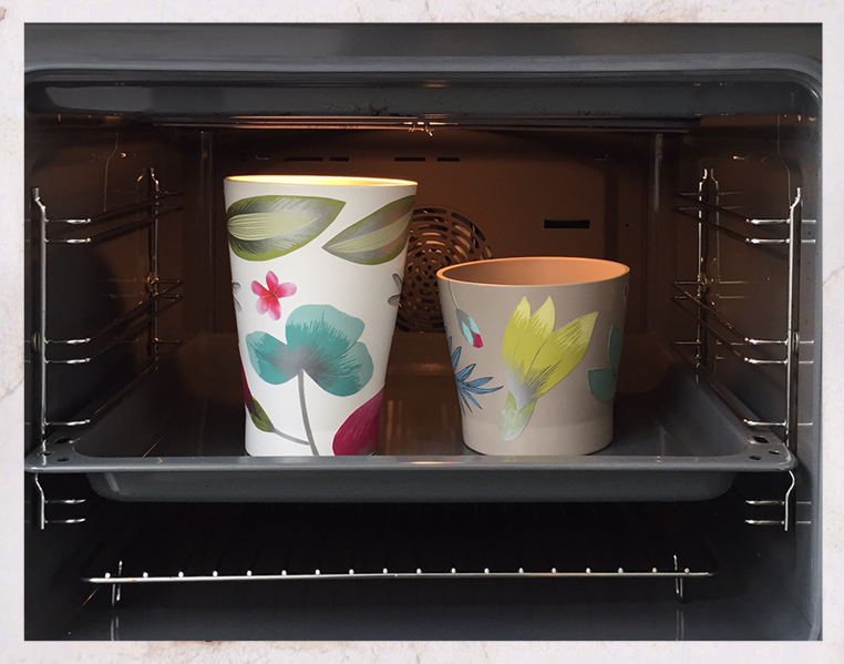 papaja plant pots with wallpaper decoupage, adhesive being set in oven, ikea hacks