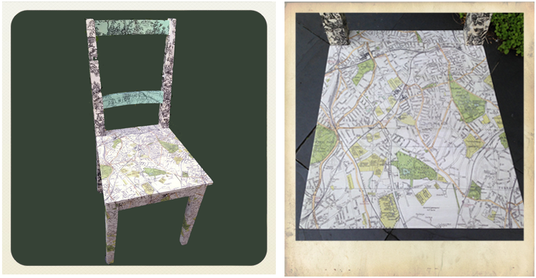 kitchen chair upcycled with decoupage using printed tissue paper featuring Dulwich map, ikea furniture hacks