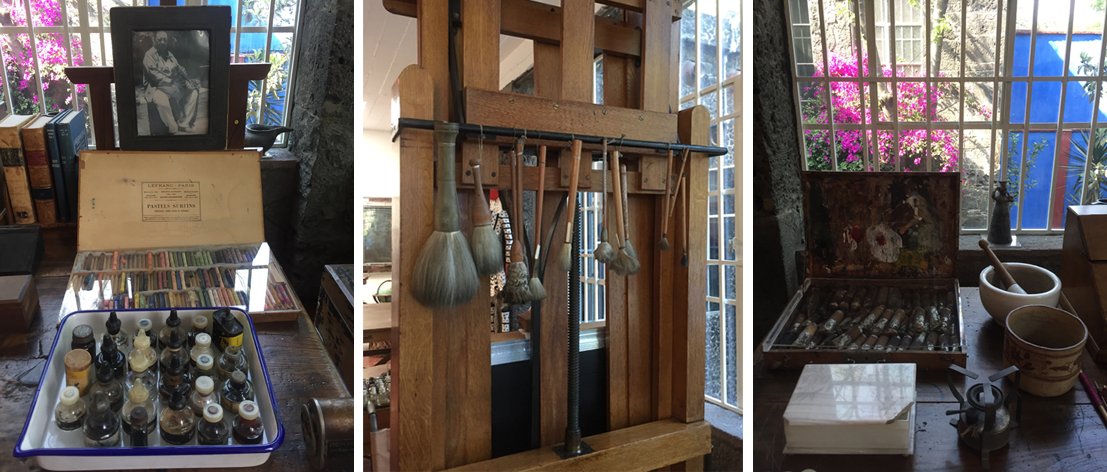 three views of frida kalho's studio at casa azul, mexico