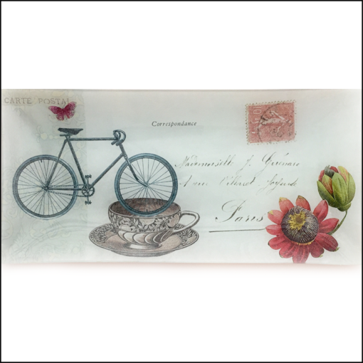 bike, cup, postage stamp and flower decoupage glass dish