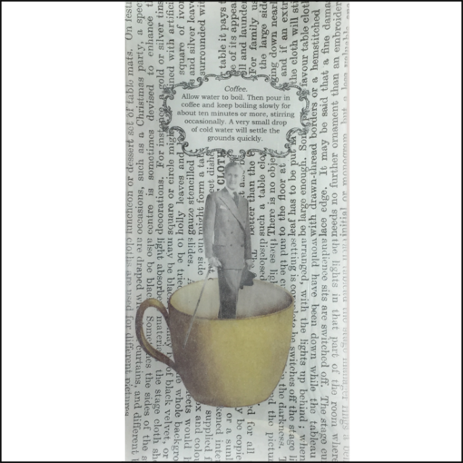 Oblong dish decoupage glass. Man in a suit inside a coffee cup, book paper.