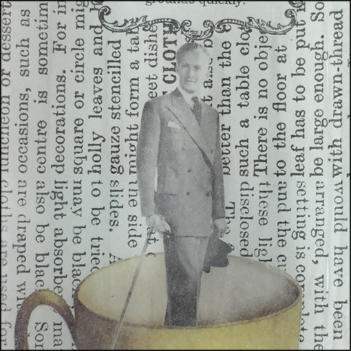 man in suit inside coffee cup book paper decoupage glass dish closeup