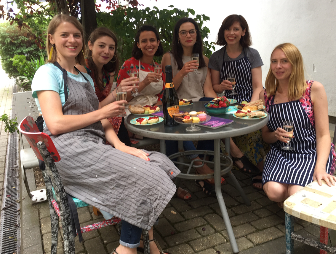 decoupage hen party having prosecco and cake