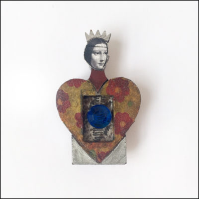 heart-shaped fairy brooch with crown, wood and paper, blue stone