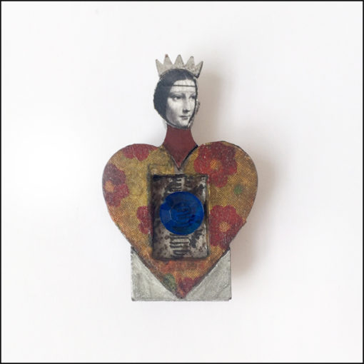 heart-shaped fairy brooch with crown, wood and paper, blue stone