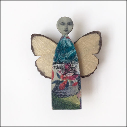 fairy brooch with butterfly wings, wood and paper, liquid gold leaf