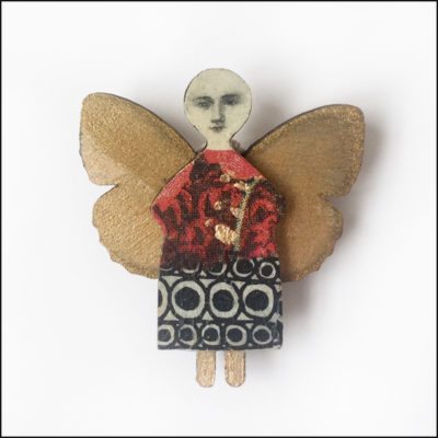 fairy brooch with butterfly wings, wood and paper, liquid gold leaf