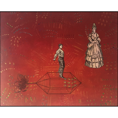 homeward bound, collage on board, woman in 17th century dress, man on propeller, red