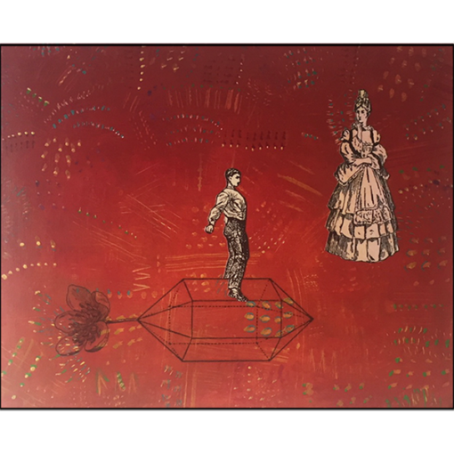 homeward bound, collage on board, woman in 17th century dress, man on propeller, red