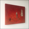 homeward bound, collage on board, woman in 17th century dress, man on propeller, red