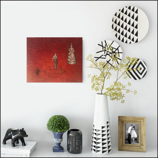 homeward bound, collage on board, red, styled on wall with vases and plates