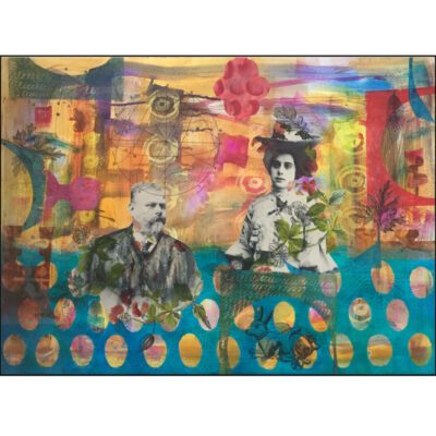 collage on paper black and white vintage photo couple on colourful background
