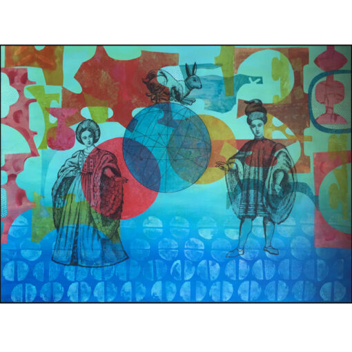 collage on paper once in a blue moon: couple in 17th century dress, circle, hare