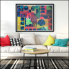 collage on paper the playground. Abstract, bright colours on black background. Styled on living room wall