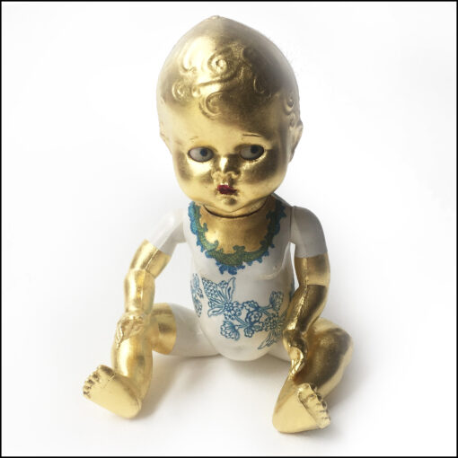 altered vintage doll: painted, decoupaged, gilded with 23 kt gold. Blue motif