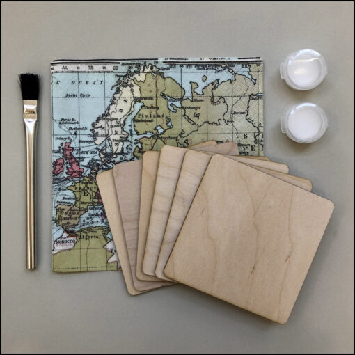 decoupage kit 6 coasters world map brush and glue