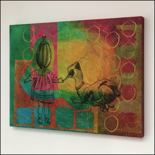 collage on board, bird with animal body, girl with flower head, green yellow turquoise pink