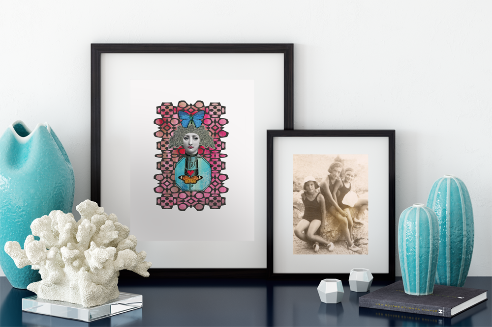 giclee print 'butterfly lady' framed and resting on desk