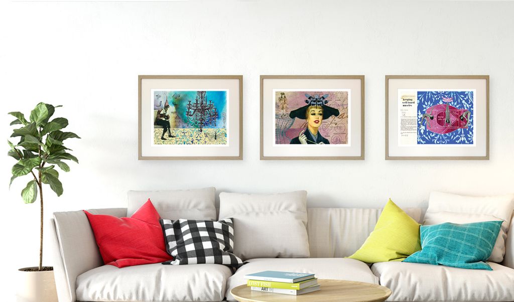 3 giclee prints on living room wall