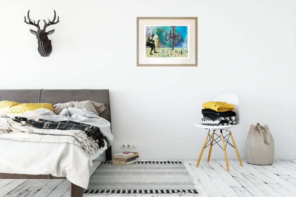 giclee print 'starter home' on bedroom wall