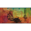 collage on board, bird with human body, girl with flower head, green yellow orange
