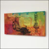 collage on board, bird with human body, girl with flower head, green yellow orange