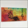 collage on board, bird with human body, girl with flower head, green yellow orange