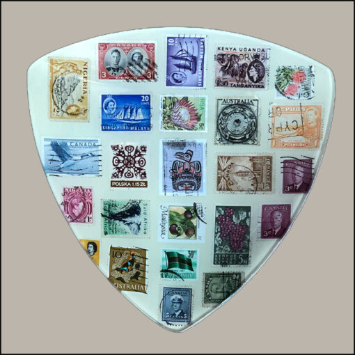 decoupage kit glass plate decorated with vintage postage stamps