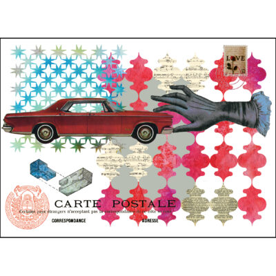 giclee print of a vintage mid-century american red car being held by a hand on a patterned red and turquoise background