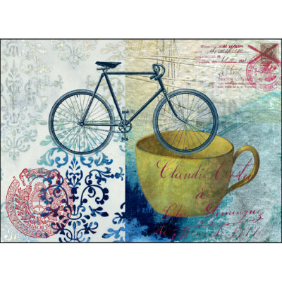 giclee print of a bike, a yellow cup and a couple of postal seals on a blue and turquoise painted background