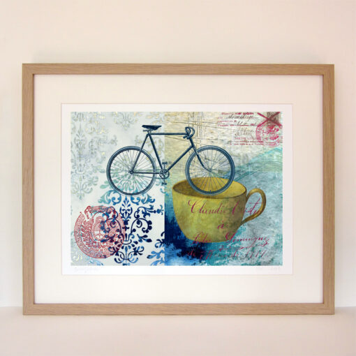 giclee print of a bike, a yellow cup and a couple of postal seals on a blue and turquoise painted background