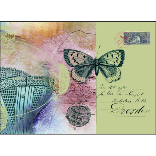 giclee print of a crset, a butterfly, maps of the tropics, handwriting and a vintage stamp