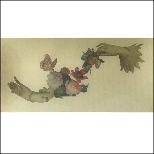 oblong decoupage glass dish, collage of two victorian-style hands holding flowers