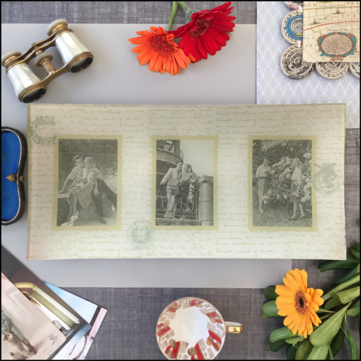 oblong glass decoupage plate with collage of three vintage sepia postcards of couples, man and woman. postage seals, handwritten script