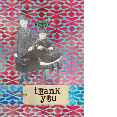 greeting card thank you, two girls and a dragonfly, vintage style