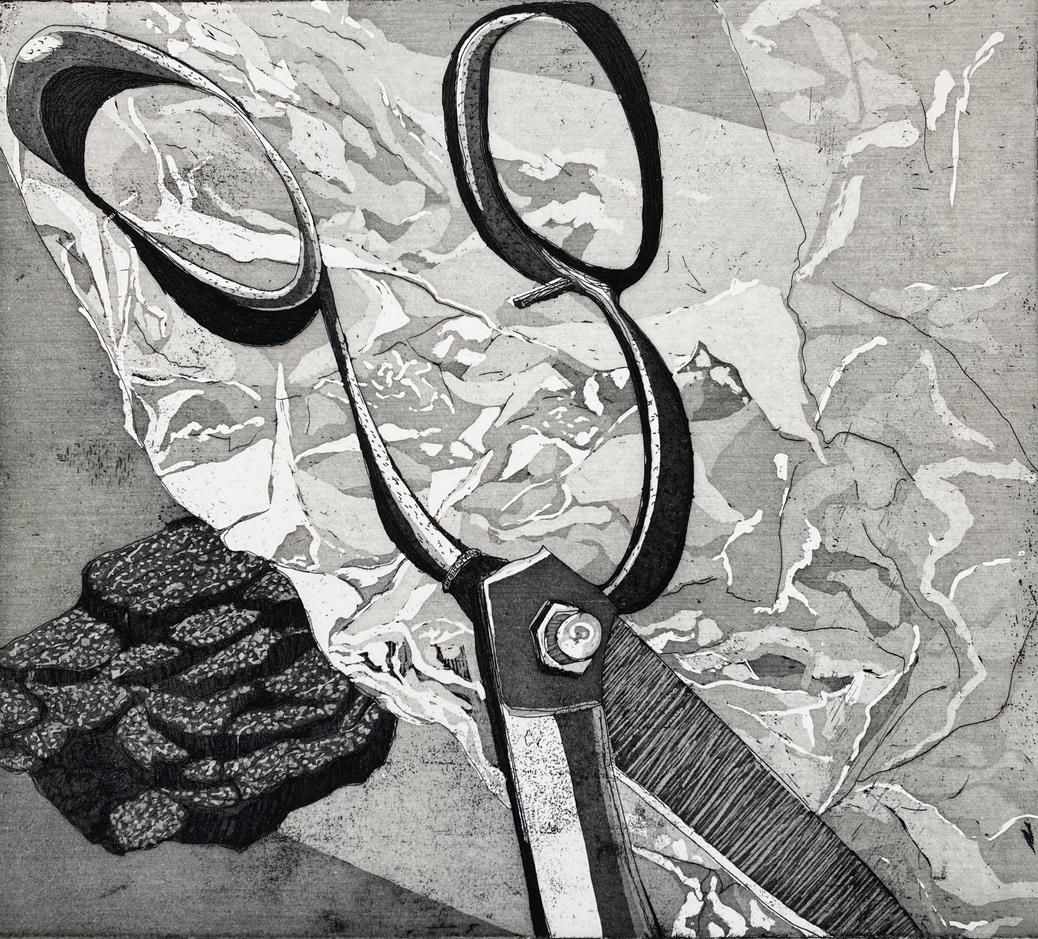 Rock, paper, scissors - etching by Pauline Amphlett