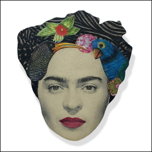 frida kahlo art brooch with two birds and red flower