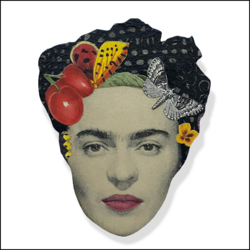 frida kahlo art brooch with butterfly and cherries