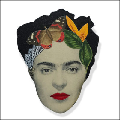 frida kahlo art brooch with butterfly and leaves