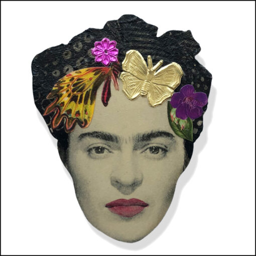 frida kahlo art brooch with gold butterfly and flowers