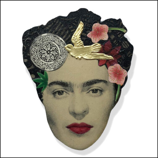 frida kahlo art brooch with gold bird, pink flowers and medallion