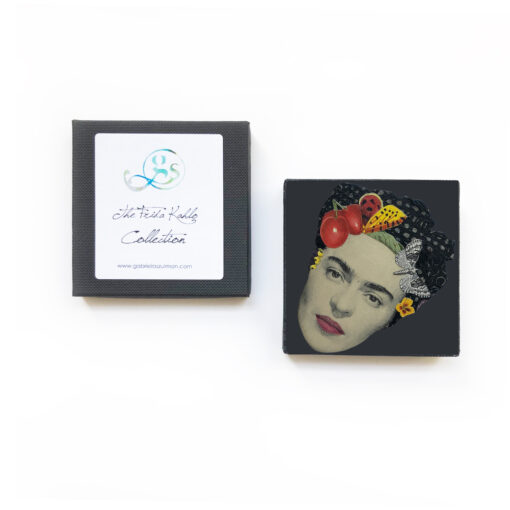 frida kahlo art brooch with butterfly and cherries in presentation box